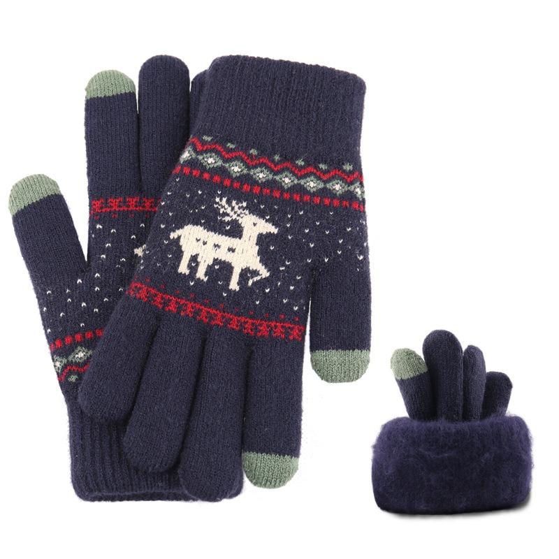 New Jacquard Double-layer Deer Touch Screen Gloves Autumn and Winter Women's Fleece Thickened Warm Wool Gloves