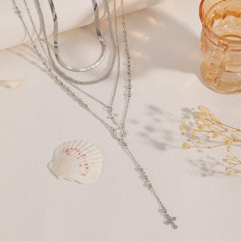 Long Cross Necklace Alloy Beads Stacked Design Portrait Tag Collarbone Chain Jewelry Women