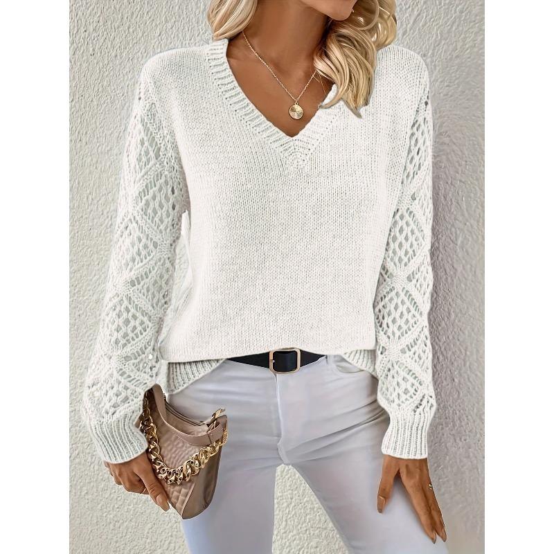 

Жіночий осінньо-зимовий трикотажний светр-пуловер з довгими рукавами та V-подібним вирізом L білий