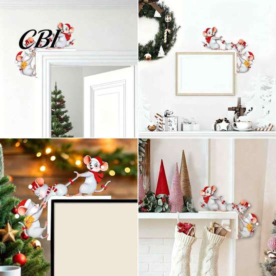 Waterproof Christmas Room Accents Cartoon Three Mice Wooden Door Frame Decor, Santa Mouse Easy Assembly Sign Corner Ornament, Xmas Party Home Holiday