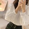 Women's French Style Shirt with Lace and Lace V-neck Patchwork Ruffle Edge Loose Casual Bubble Sleeve Shirt