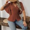 Fashionable and Elegant Deep V-neck Solid-color Single-button Belted Ladies' Short-sleeved Top