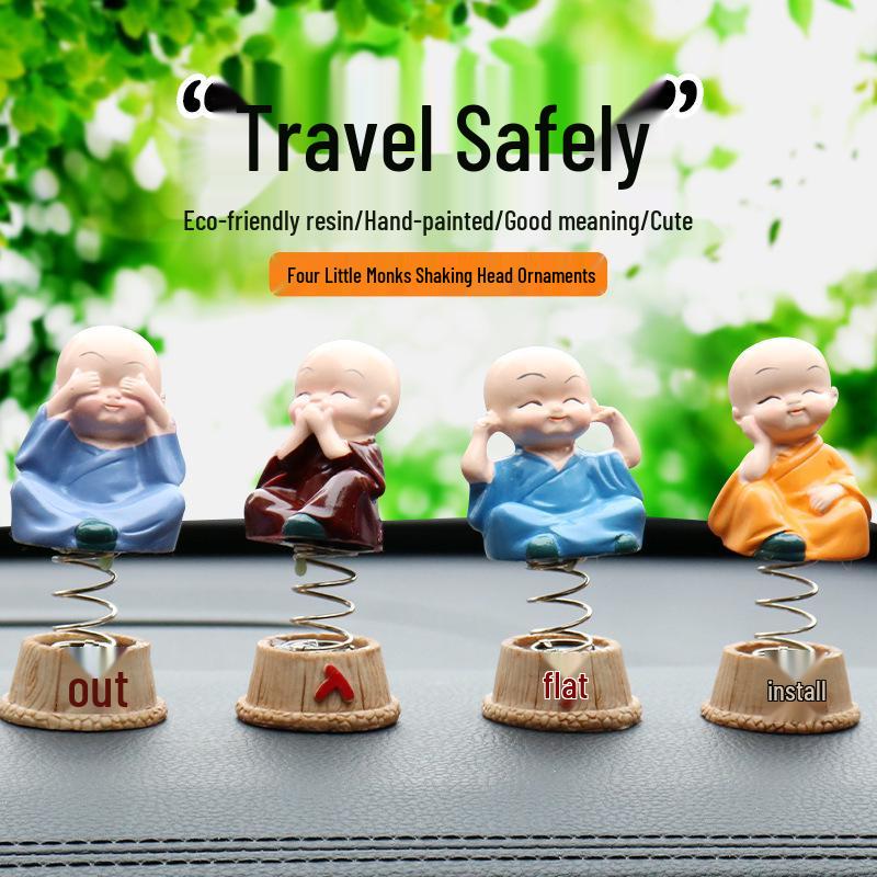 Straw Hat Monk Swinging Desk & Car Ornament - Set of 4 Bald Novice Figurines