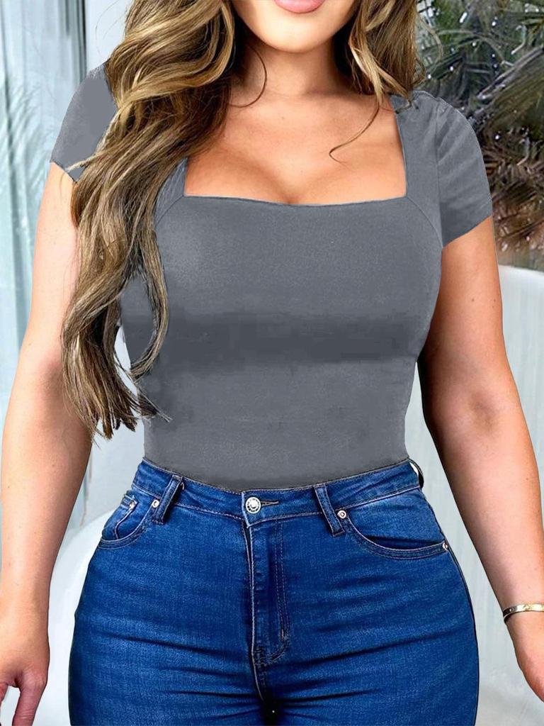 Di Yun Women's Casual Square Neck Solid Color Short Sleeve T-Shirt - 2024 Spring/Summer