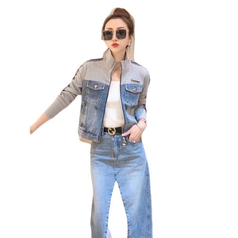 Women's 2023 Korean-Style Retro Patchwork Denim Jacket - Age-Reducing Short Zipper Stand Collar, Long-Sleeved Top for Spring