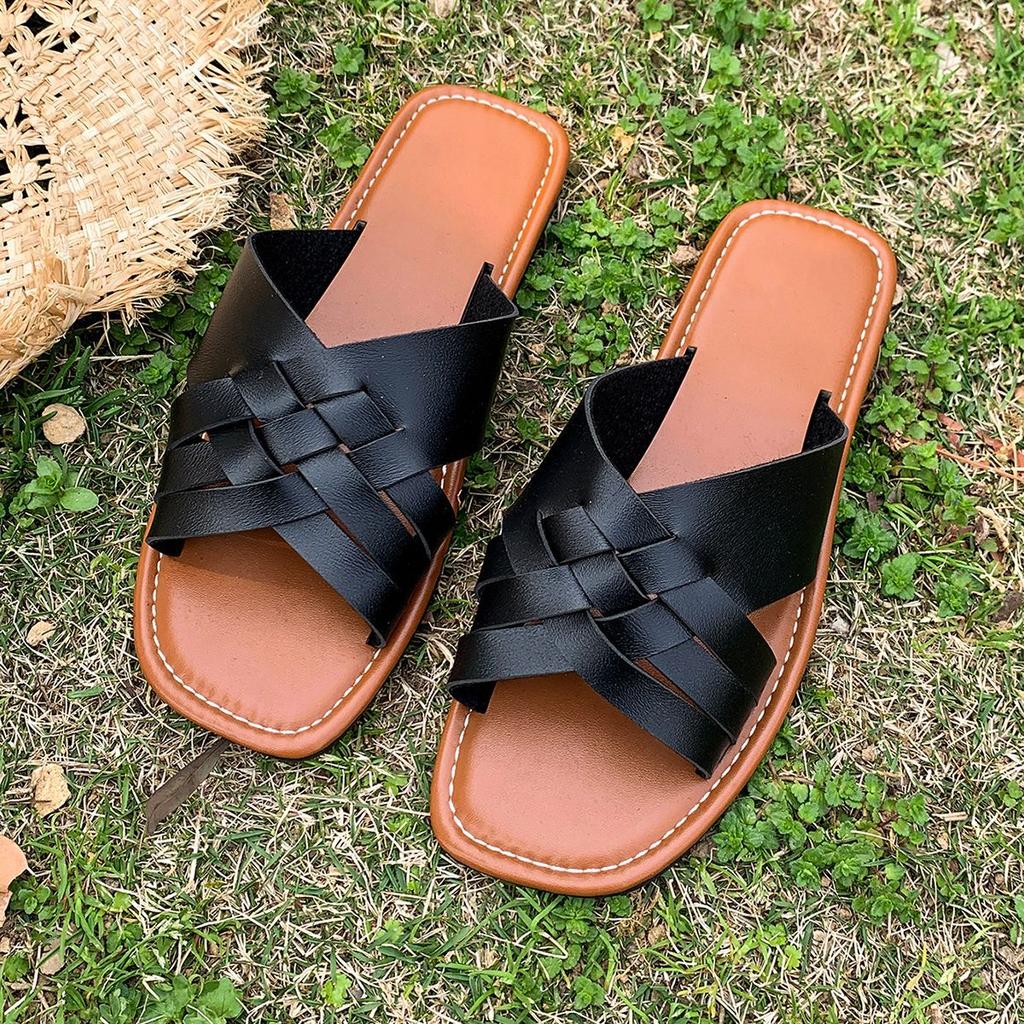 Foreign Trade Large Size Square Head Woven Solid Color Slippers Women's 2025 New Versatile Casual Flat Bottom Outer Wear Large Size Women's Slippers