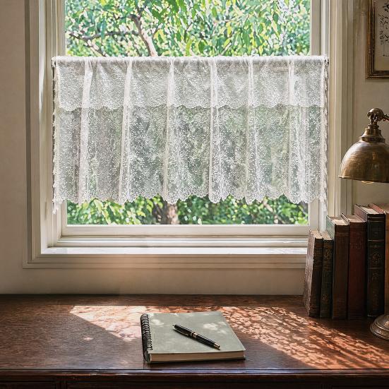 Cortina Media de Encaje, Cortina Transparente Floral Campestre Transpirable, Cortinas Estilo Nórdico Bloqueo de Polvo y Flujo de Aire, para Ventanas Medias de Cocina