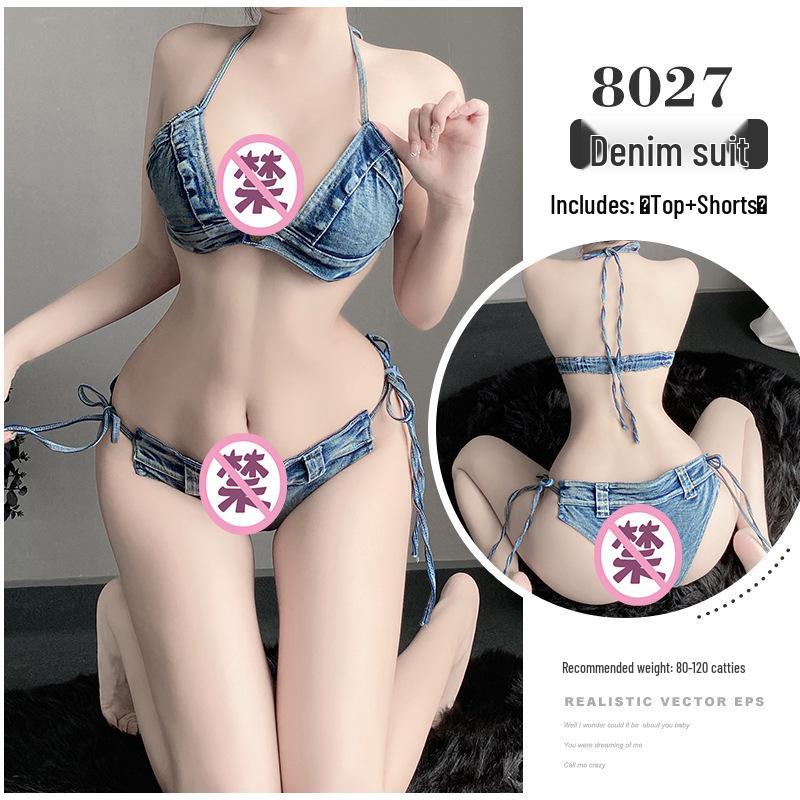 Linlin Ting Women's Low Waist Open Crotch Ripped Denim Lingerie Shorts - Sexy Nightclub Temptation Wear