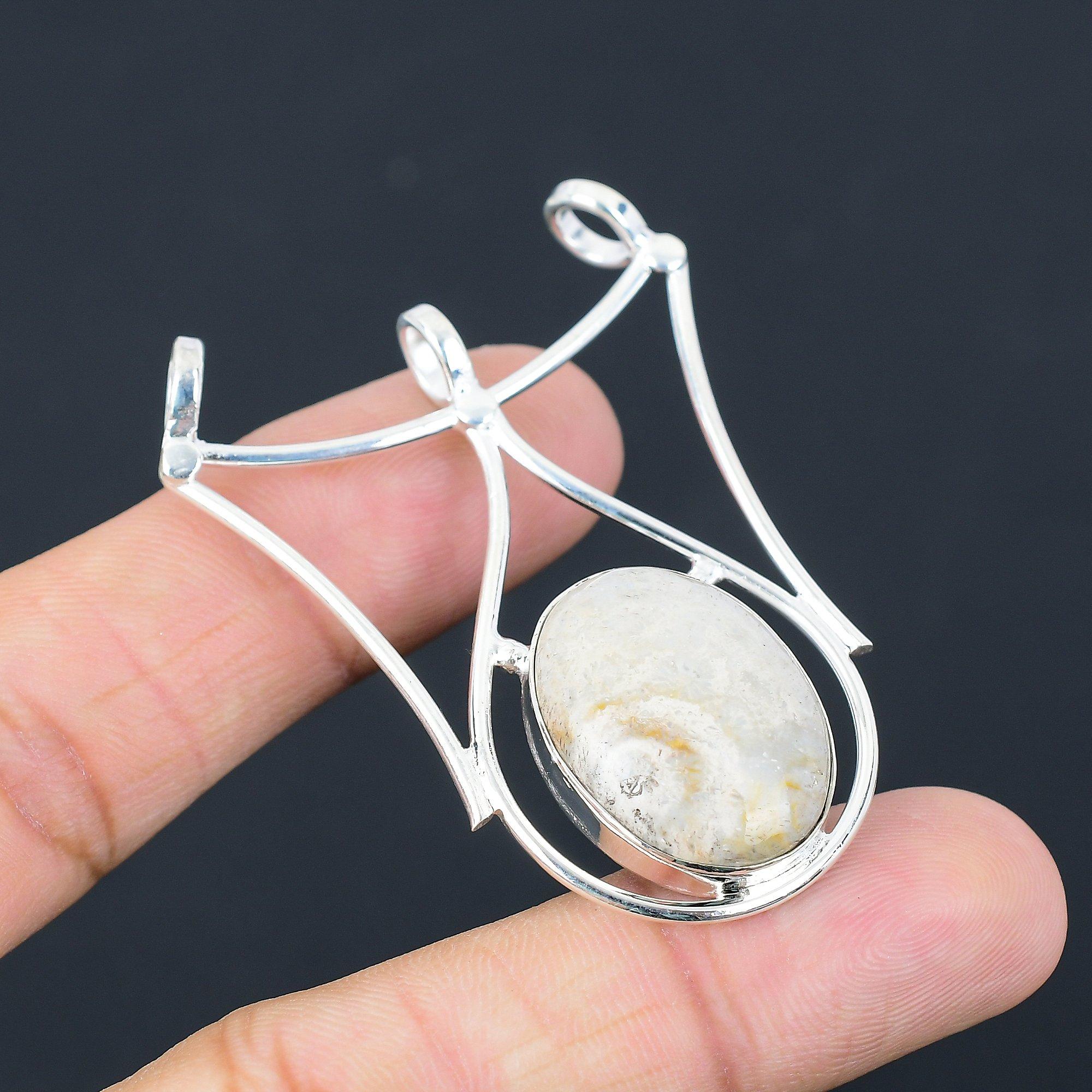 Daughters Day Sale Oval Fossil Coral Stone Sister Pendant 925 Sterling Silver
