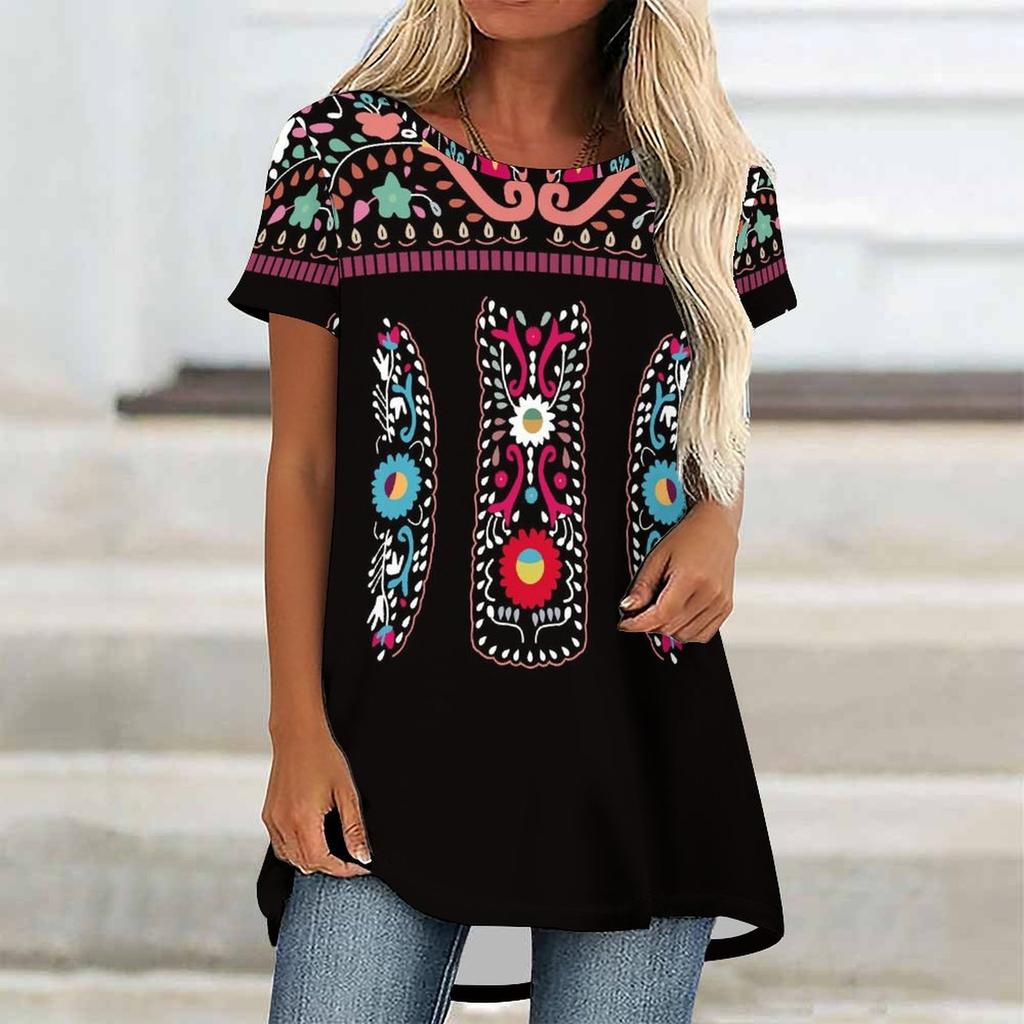 Túnicas Casuales Informales para Mujer con Estampado, Cuello Redondo, Dobladillo Irregular y Manga Corta