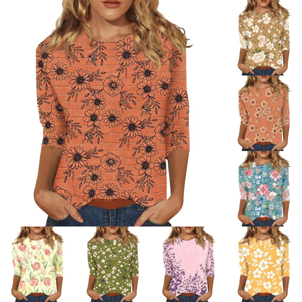 Damen Casual Dreiviertelarm Blumenprint Rundhalsausschnitt Oberteil Leichter Weicher Stoff Bequeme Passform Bluse für den Alltag