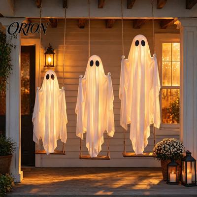 Patio Tree Hanging Decor Swinging Ghost Halloween Decoration, LED Light Up Large Spooky Porch Atmosphere with Remote Control for Outside Garden