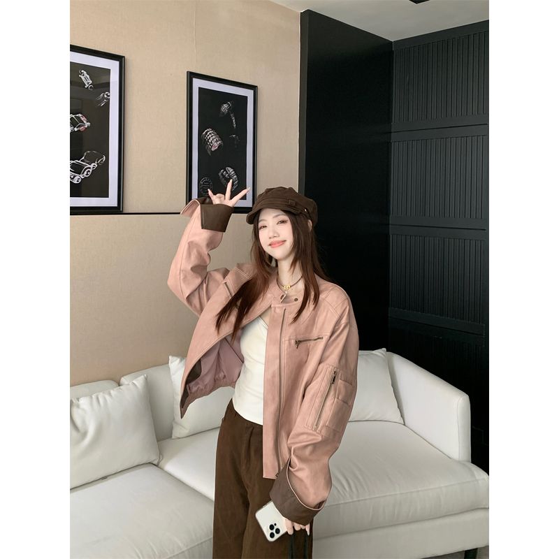 

Кумикуми Высокий стиль Американский винтаж Розовое кожаное пальто Верхняя одежда Женщины Осень Свободное Похудение Универсальная куртка Топ Pink S