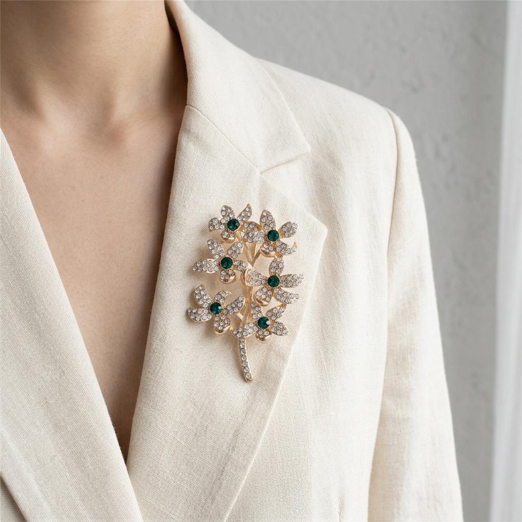Rhinestone Six-Flower Branch Brooch Zinc Alloy Lightweight Elegant Jewelry For Women