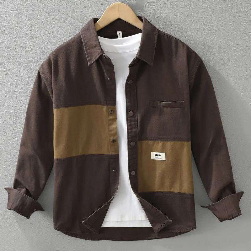 

Japanese Splicing Contrast Color Long-sleeved Shirt Men s Thin 2026 Spring Autumn New Workwear Casual Jacket T-Shirts M