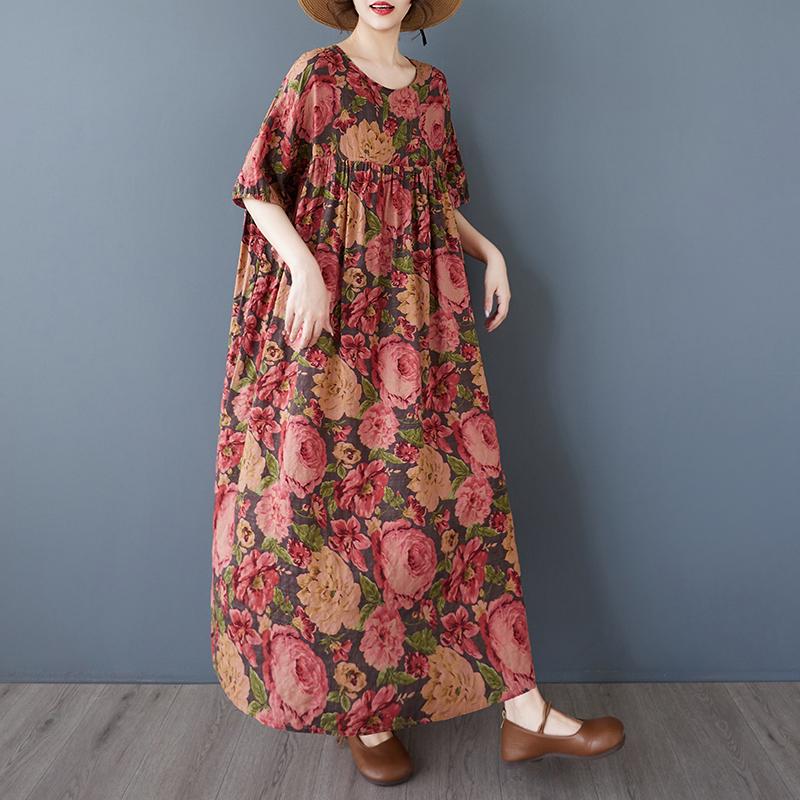 DIMANAF 2025 Summer Women Plus Size Vintage Long Dress Short Sleeve Casual Basic Floral Printing Loose Dress
