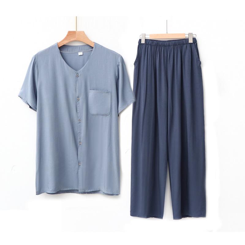 Cardigan manica corta in cotone e seta pigiama da uomo per mezza età e anziani pantaloni estivi sottili in cotone artificiale loungewear da uomo
