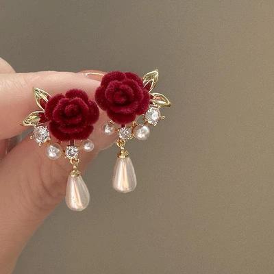Vintage Red Velvet Rose Pearl Stud Earrings - Silver Needle Bridal Accessories