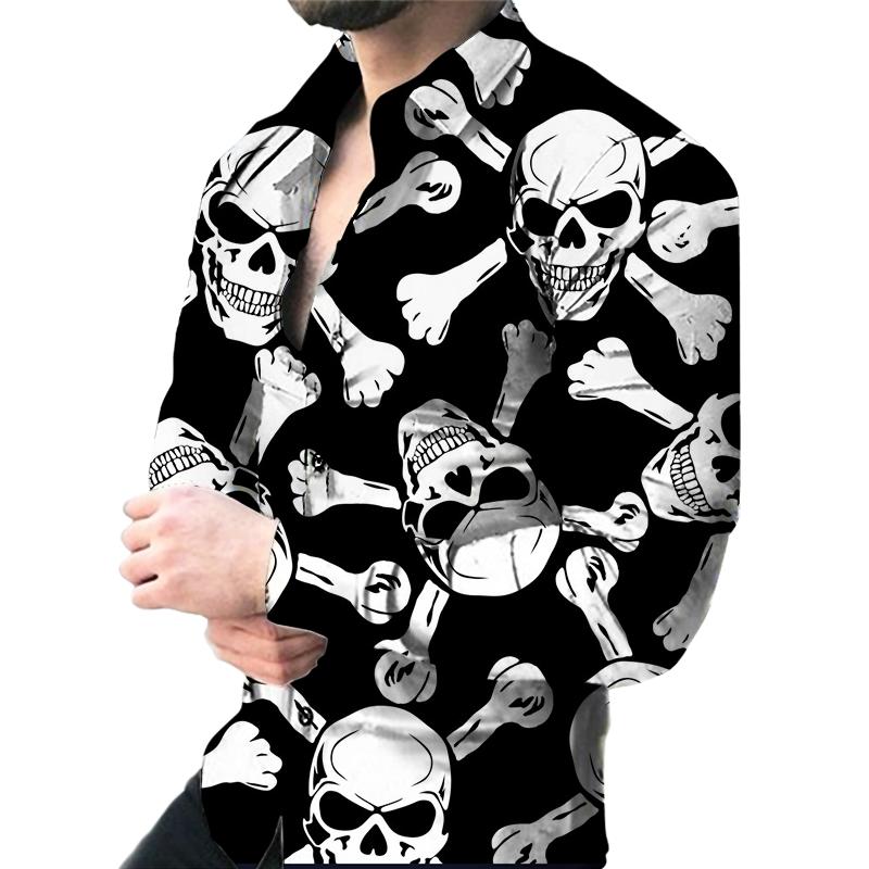 

3D Skull Print Men s Long-sleeved Stretch Shirt Vacation Party Shirt 3XL зелений