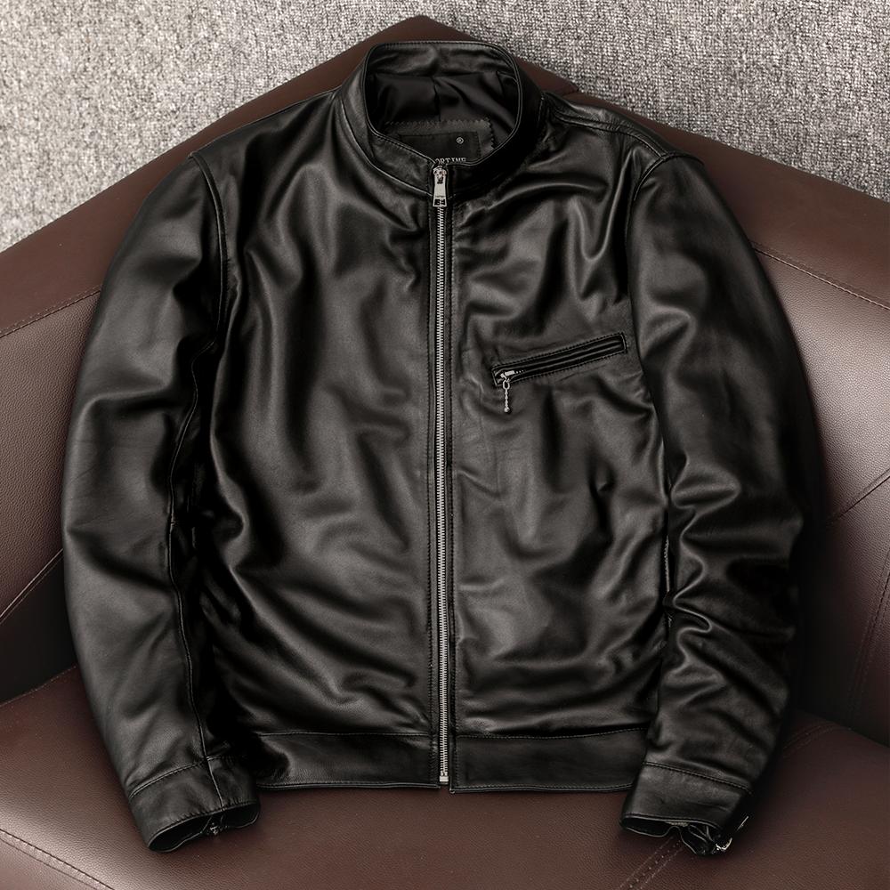 New Korean Style Stylish Simple Genuine Sheepskin Leather Jacket Men Short Stand Collar Casual Coat
