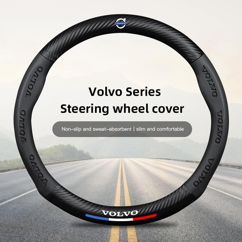 38cm Carbon Fiber Leather Car Steering Wheel Cover For Volvo V60 V40 XC90 S60 C30 V50 V70 S90 Auto Interior Accessories Keychain