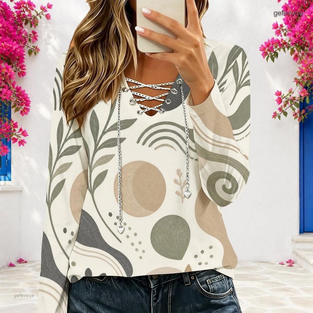 Women Plus Size V Neck Long Sleeve Printed Eyelet Chain Lace Up Top
