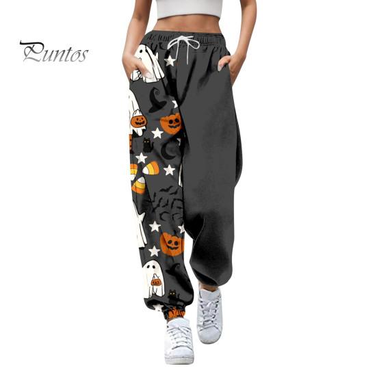 Women Sweatpants Elastic High Waist Adjustable Drawstring Joggers Pants Halloween Pumpkin Print Fitness Pants