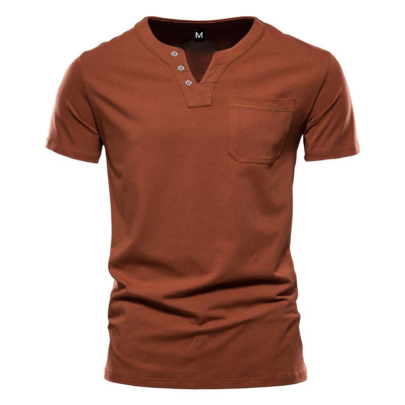 Men's V-neck Short-sleeved T-shirt Youth Casual Slim Sports Henley Solid Color Top