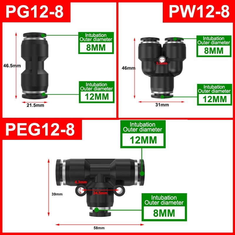 Pneumatikkomponenten - Gasrohr-Schnellverbinder - Schwarz PG/PW/PEG8-6/10-6 T-Stück T-förmige Gasrohrkupplung