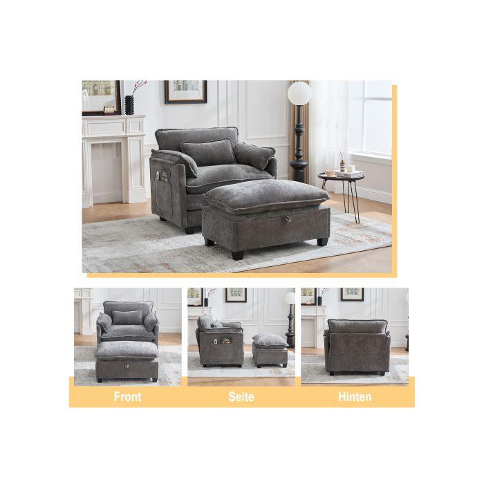 Fauteuil moderne - MUVOE - Chaise longue - Tissu chenille - Repose-pieds - Poche latérale