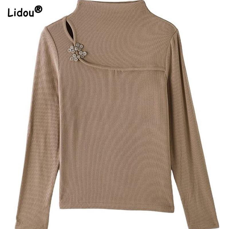 Mode Lässig Skinny Einfarbig Patchwork Halboher Kragen Knopf Gerade T-Shirts Unterzieh-Temperament Damenbekleidung