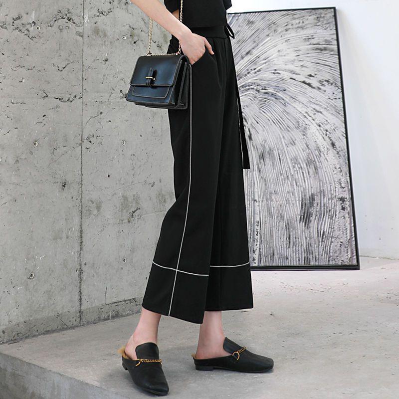 

New Women s Casual Black Wide-Leg High-Waisted Cropped Pants - Slimming, Loose, Straight Nine-Tenth Length for Spring and Autumn. XS (75-85 jin)