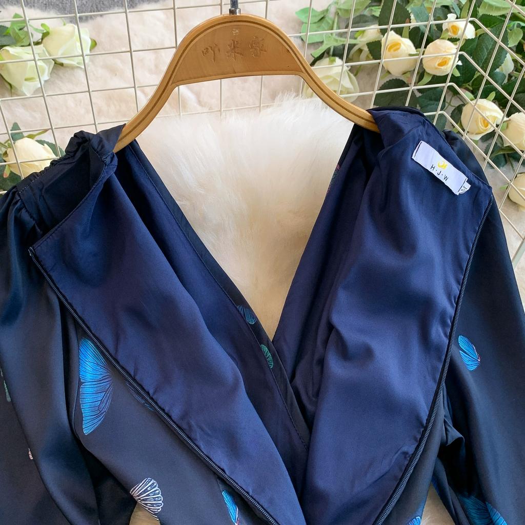 Spring Autumn Women Print Flower Runway Dresses V-neck Big Swing Long Maxi Pleated Holiday Party Dress With Belt