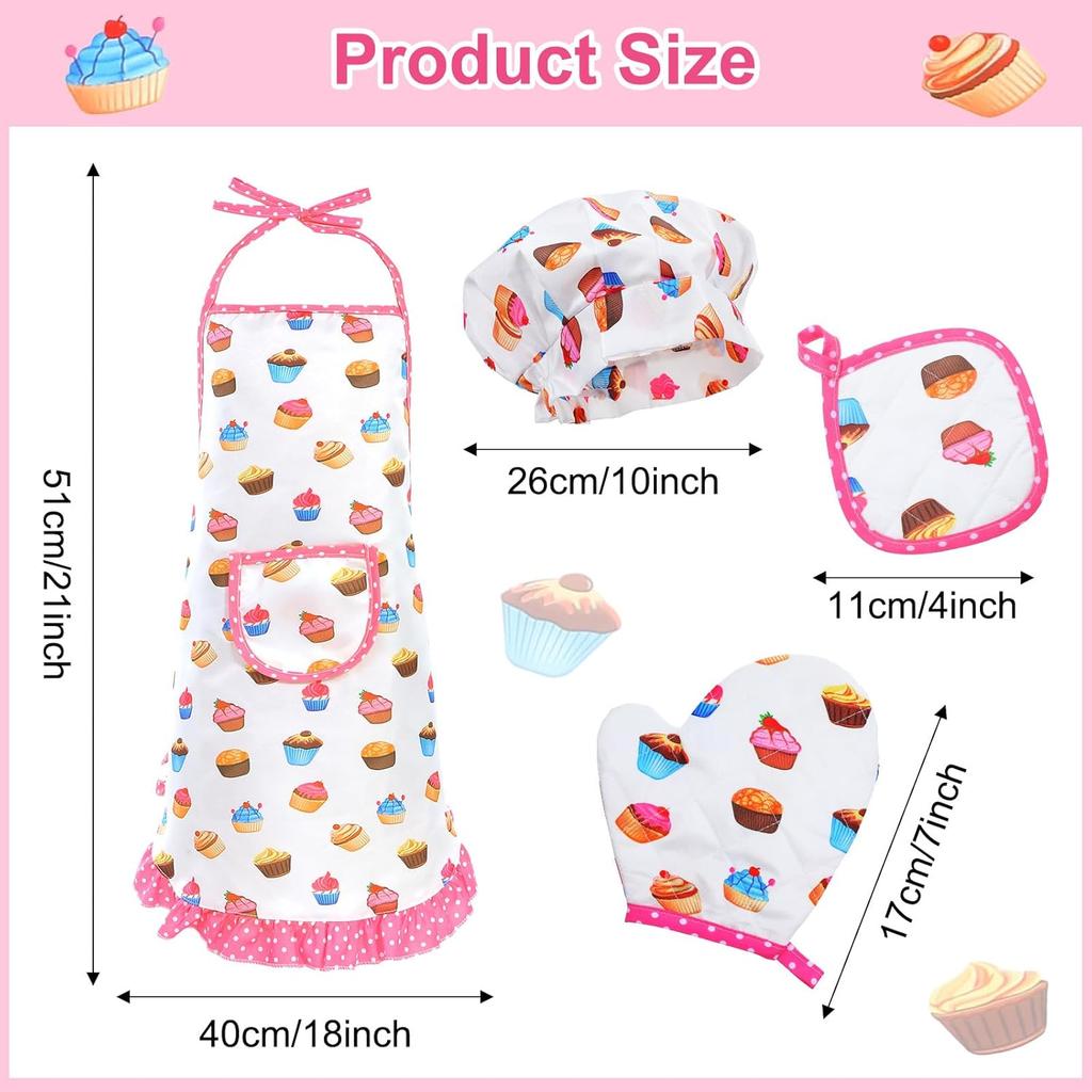 Chef Hat and Apron Set for Kids, Pink Sweet Cake Cooking Apron, Kids Aprons for Cooking, Adjustable Toddler Aprons with Pocket, Stocking Stuffer,