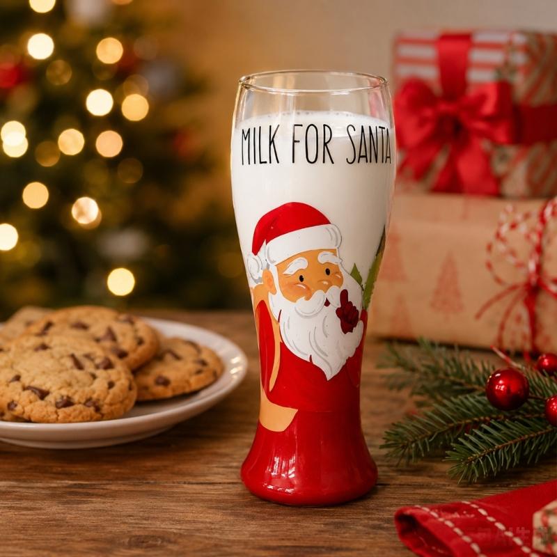 Christmas Milk Glass with Santa Print Holiday Cup for Table Display, Winter Hosting,Milk Service Indoors