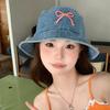 Summer Embroidery Bow Washed Denim Bucket Hat For Women Panama Hats Outdoor Fisherman Hat Beachside Sunscreen Visor Cap