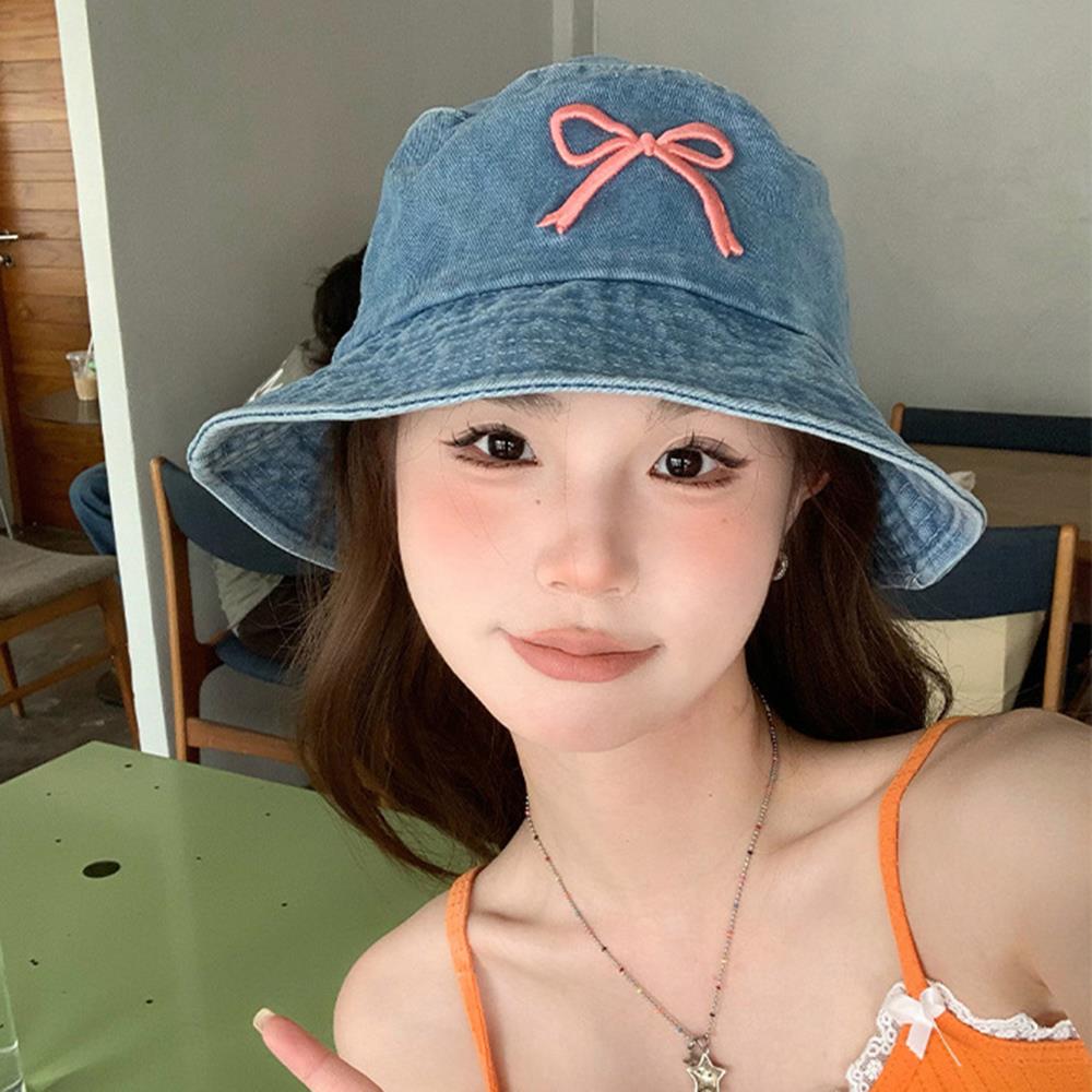 Summer Embroidery Bow Washed Denim Bucket Hat For Women Panama Hats Outdoor Fisherman Hat Beachside Sunscreen Visor Cap