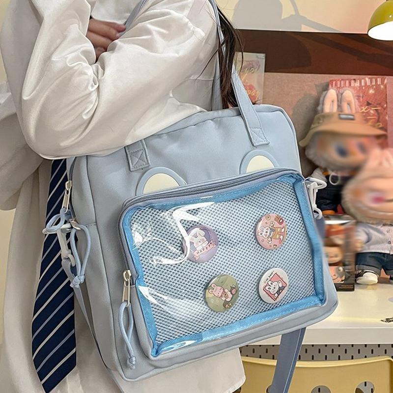 Vielseitige transparente Umhängetasche im japanischen Stil, große Kapazität, Canvas-Umhängetasche, Studententasche, Umhängetasche mit niedlichem Bären im Anime-Stil