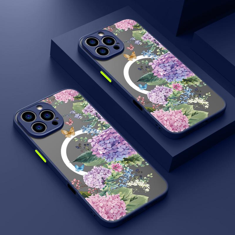 

For iPhone 16 Pro 15 14 Plus 13 12 Mini 11 Pro Max 7 8 for Magsafe Magnetic Flower Print Acrylic Hard Soft Edges Shockproof Cover iPhone 16 чёрный