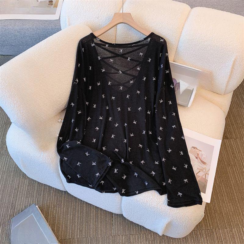 Women's Summer Long Sleeved Thin Cross Hollow Backless Top with Butterfly Print Slightly Transparent Lady T-shirt