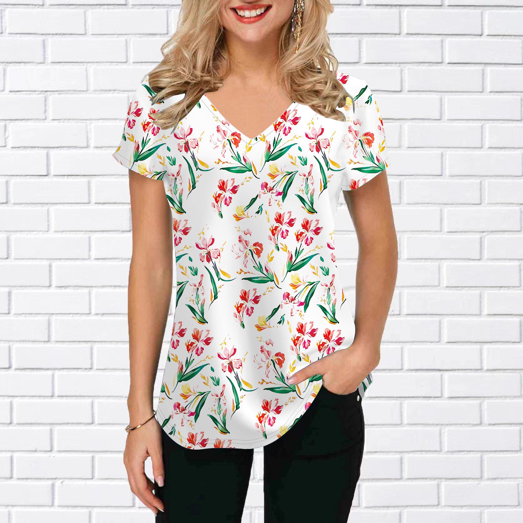 Женские топы с V-образным вырезом и коротким рукавом с принтом подсолнухов и фиолетовых — фото 2