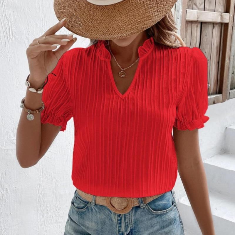 2023 Yaz Kısa Kollu Beyaz Gömlek Kadın Vintage Katı V Yaka Gevşek Gömlek Casual Zarif Dantel Bluz Moda Giyim 28006