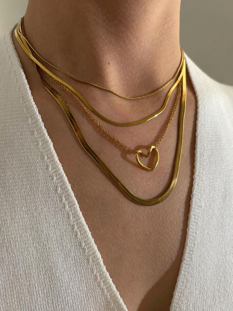 GHIDBK Minimalist Stainless Steel 1mm 2mm 4mm Flat Snake Chain Hollow Heart Pendant Necklace for Women Fashion Stackable Zircon