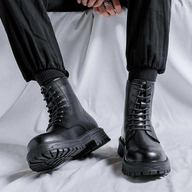 Men Fashion Motorcycle Boots Black Tide Lace-up Platform Shoes Cowboy Genuine Leather Boot Street Cool High Top Botas Masculinas
