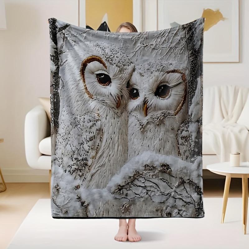 

1PC white owl blanket with snow owl print flannel blanket suitable for beds sofas offices travel camping 30x40in