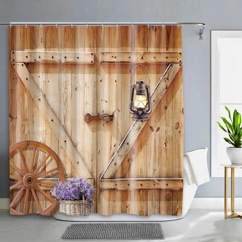 Vintage Rustic Wood Panel Shower Curtain Barn Door Floral Botanical Green Leaf Barn Farm Polyester Fabric Bathroom Decor Curtain