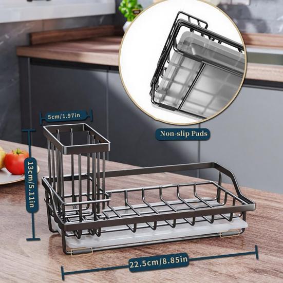 Kitchen Sink Sponge Holder with Drip Tray Stainless Steel Sink Caddy Organizer Non-Slip Pads Countertop Storage for Sponges Dish Soap Brushes