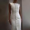 Women's Crew Neck Sleeveless Maxi Dress Slim Fit High Waist Elegant Belted Single Breasted Office Midi Dress