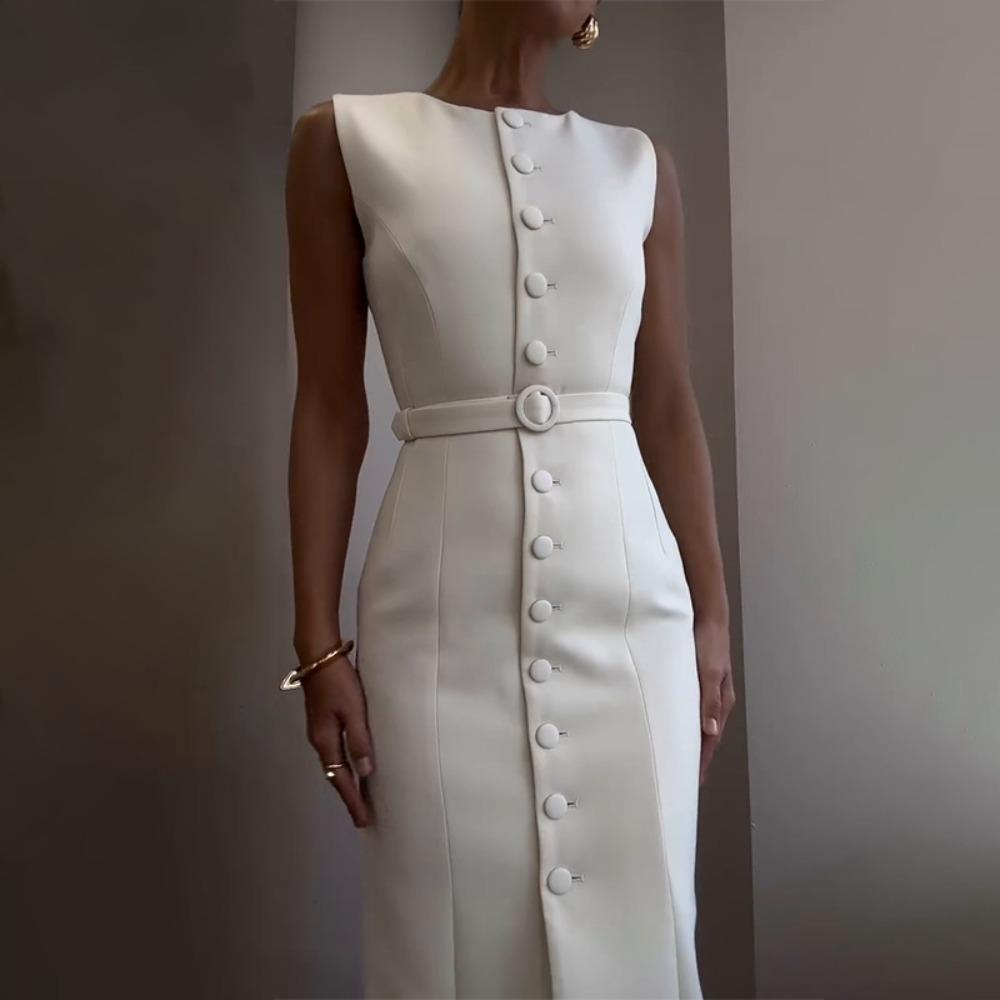 Women's Crew Neck Sleeveless Maxi Dress Slim Fit High Waist Elegant Belted Single Breasted Office Midi Dress