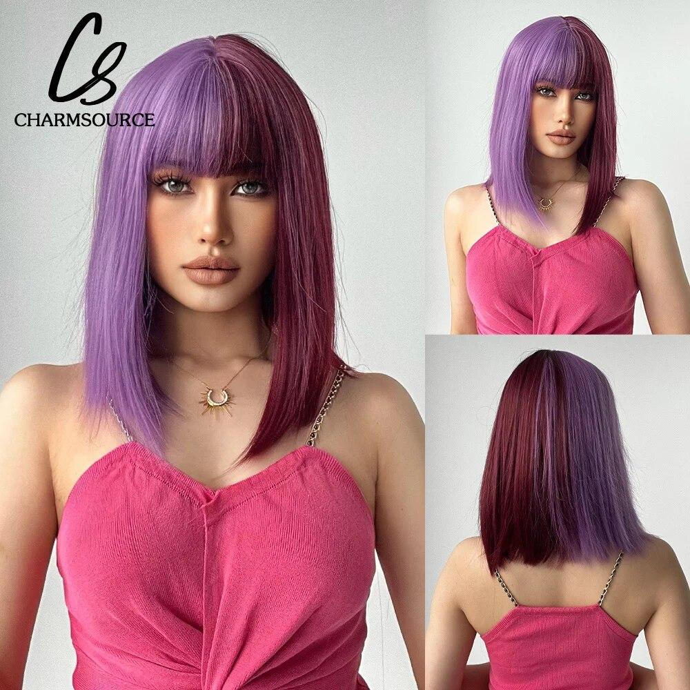 Short Straight Bob Synthetic Wigs with Bangs for Women Brown To Blonde Wig Cosplay Party Daily Heat Resistant Fiber Hair